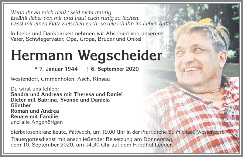  Traueranzeige für Hermann Wegscheider vom 09.09.2020 aus Allgäuer Zeitung Kaufbeuren und Buchloe