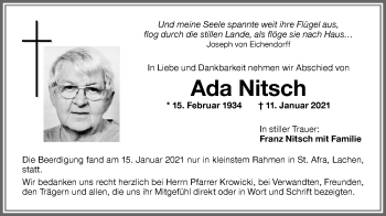 Traueranzeige von Ada Nitsch von Memminger Zeitung