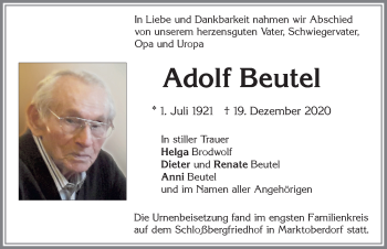 Traueranzeige von Adolf Beutel von Allgäuer Zeitung, Marktoberdorf