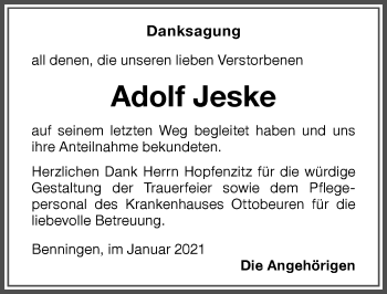 Traueranzeige von Adolf Jeske von Memminger Zeitung