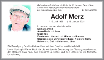 Traueranzeige von Adolf Merz von Memminger Zeitung