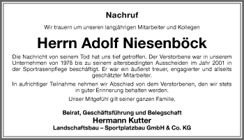Traueranzeige von Adolf Niesenböck von Memminger Zeitung