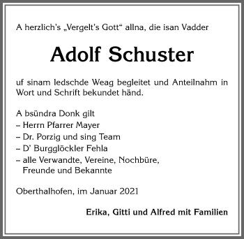 Traueranzeige von Adolf Schuster von Allgäuer Anzeigeblatt