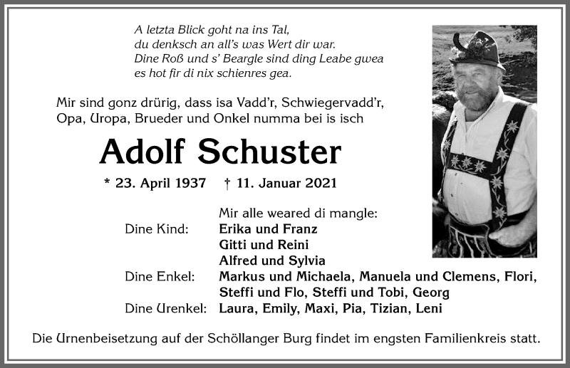  Traueranzeige für Adolf Schuster vom 16.01.2021 aus Allgäuer Anzeigeblatt