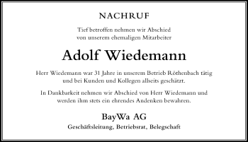 Traueranzeige von Adolf Wiedemann von Der Westallgäuer