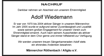 Traueranzeige von Adolf Wiedemann von Der Westallgäuer