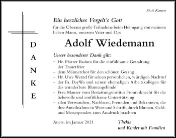 Traueranzeige von Adolf Wiedemann von Der Westallgäuer