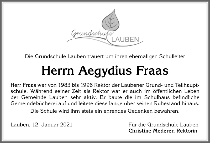  Traueranzeige für Aegydius Fraas vom 15.01.2021 aus Allgäuer Zeitung,Kempten