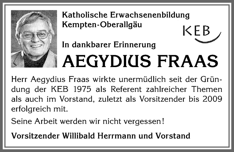  Traueranzeige für Aegydius Fraas vom 14.01.2021 aus Allgäuer Zeitung,Kempten