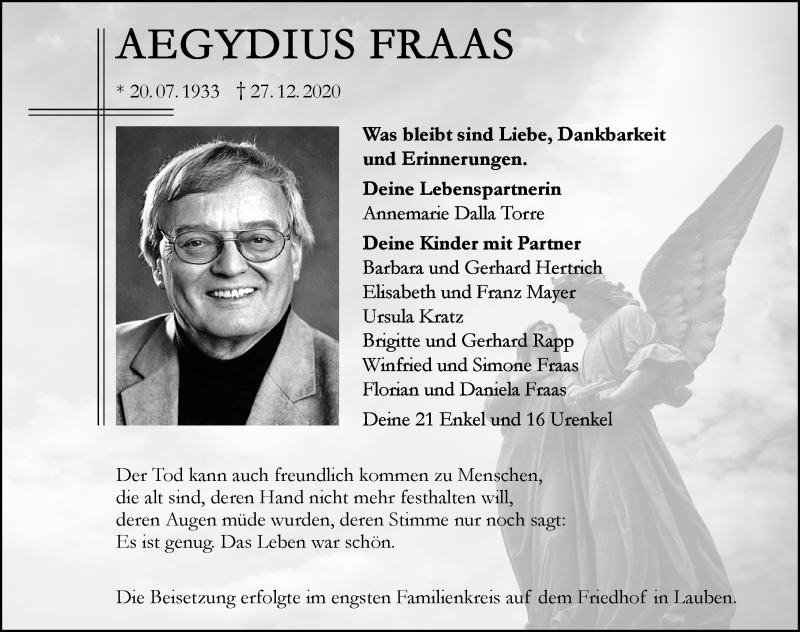  Traueranzeige für Aegydius Fraas vom 09.01.2021 aus Allgäuer Zeitung,Kempten