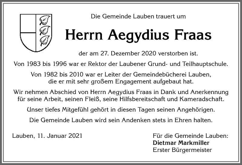  Traueranzeige für Aegydius Fraas vom 13.01.2021 aus Allgäuer Zeitung,Kempten