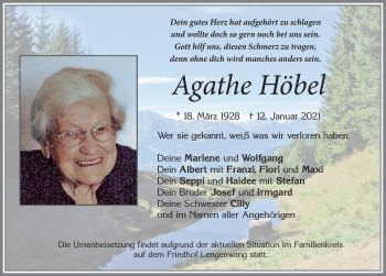 Traueranzeige von Agathe Höbel von Allgäuer Zeitung, Marktoberdorf