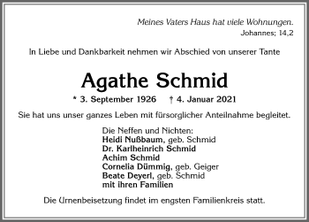 Traueranzeige von Agathe Schmid von Allgäuer Zeitung, Kaufbeuren/Buchloe