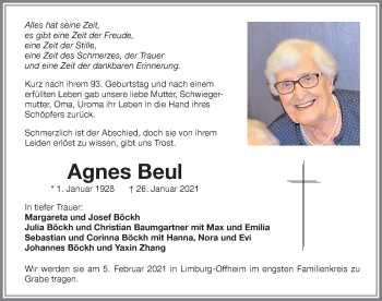 Traueranzeige von Agnes Beul von Memminger Zeitung