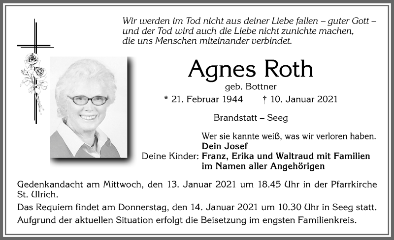 Traueranzeige für Agnes Roth vom 12.01.2021 aus Allgäuer Zeitung