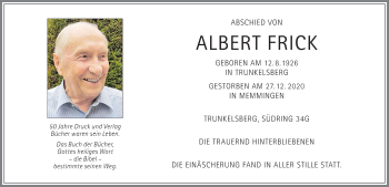Traueranzeige von Albert Frick von Memminger Zeitung