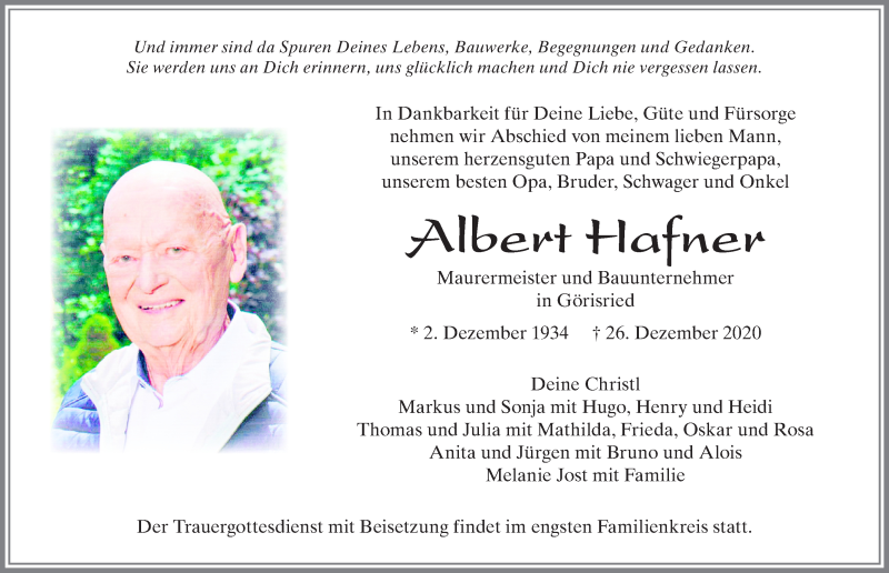  Traueranzeige für Albert Hafner vom 02.01.2021 aus Allgäuer Zeitung