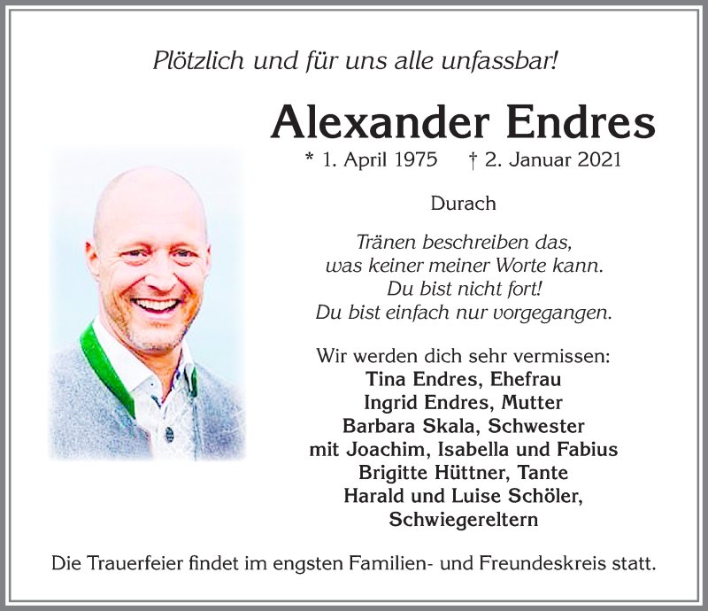  Traueranzeige für Alexander Endres vom 09.01.2021 aus Allgäuer Zeitung,Kempten
