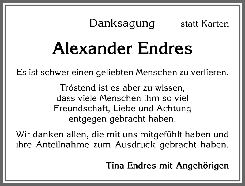  Traueranzeige für Alexander Endres vom 23.01.2021 aus Allgäuer Zeitung,Kempten