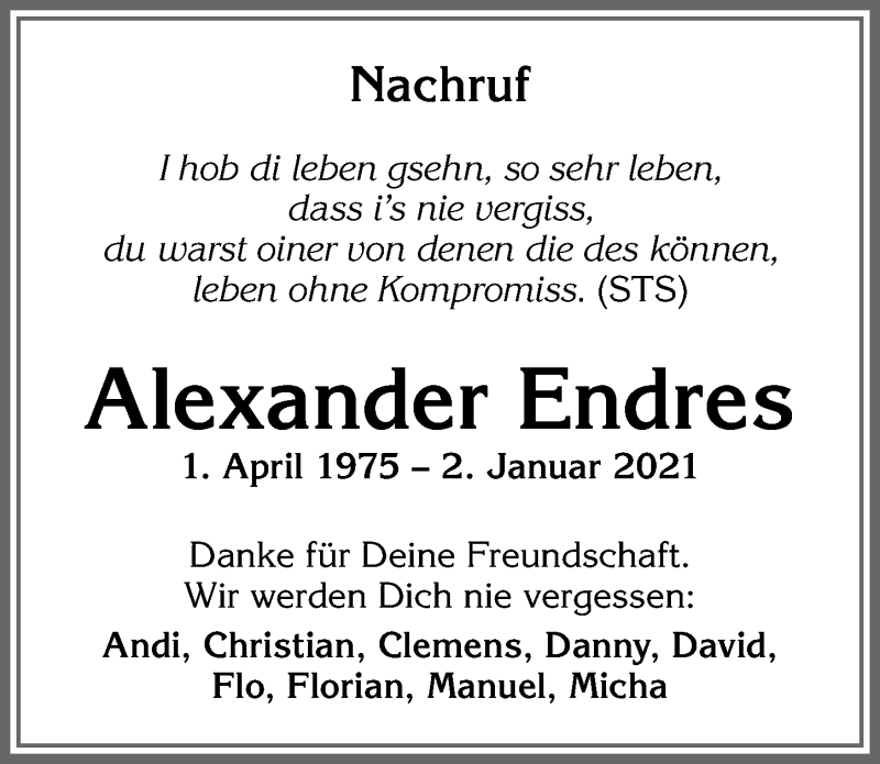  Traueranzeige für Alexander Endres vom 16.01.2021 aus Allgäuer Zeitung,Kempten