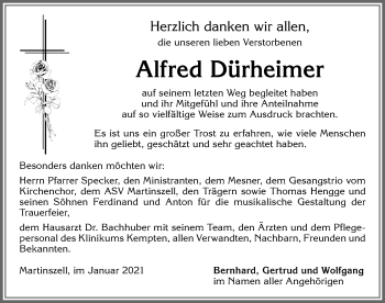 Traueranzeige von Alfred Dürheimer von Allgäuer Zeitung