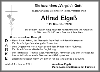 Traueranzeige von Alfred Elgaß von Allgäuer Zeitung, Marktoberdorf