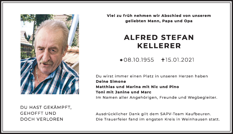  Traueranzeige für Alfred Stefan Kellerer vom 23.01.2021 aus Allgäuer Zeitung, Kaufbeuren/Buchloe