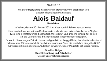 Traueranzeige von Alois Baldauf von Der Westallgäuer