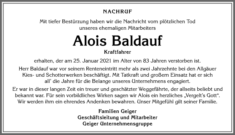  Traueranzeige für Alois Baldauf vom 29.01.2021 aus Der Westallgäuer