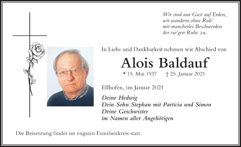  Traueranzeige für Alois Baldauf vom 28.01.2021 aus Der Westallgäuer