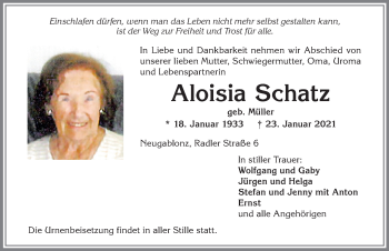 Traueranzeige von Aloisia Schatz von Allgäuer Zeitung, Kaufbeuren/Buchloe