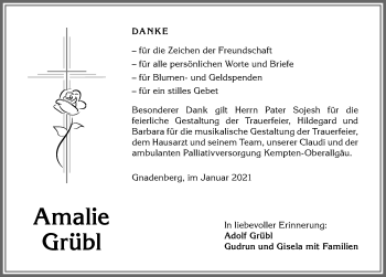 Traueranzeige von Amalie Grübl von Allgäuer Anzeigeblatt