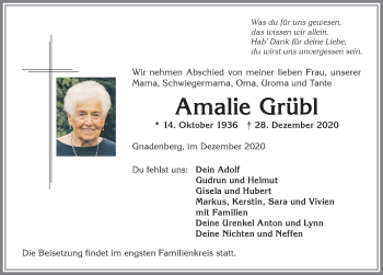 Traueranzeige von Amalie Grübl von Allgäuer Anzeigeblatt