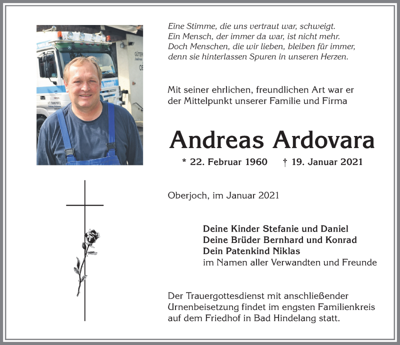  Traueranzeige für Andreas Ardovara vom 23.01.2021 aus Allgäuer Anzeigeblatt