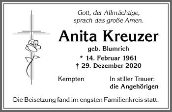Traueranzeige von Anita Kreuzer von Allgäuer Zeitung,Kempten