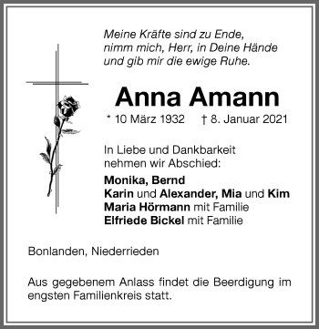 Traueranzeige von Anna Amann von Memminger Zeitung