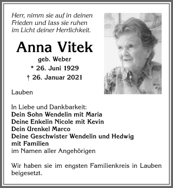 Traueranzeige von Anna Vitek von Allgäuer Zeitung,Kempten