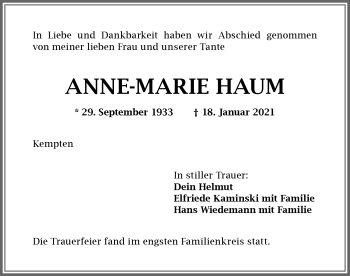 Traueranzeige von Anne-Marie Haum von Allgäuer Zeitung,Kempten