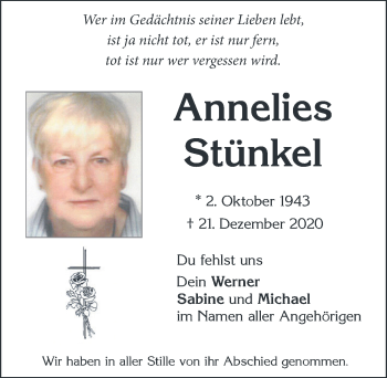 Traueranzeige von Annelies Stünkel von Allgäuer Zeitung, Marktoberdorf