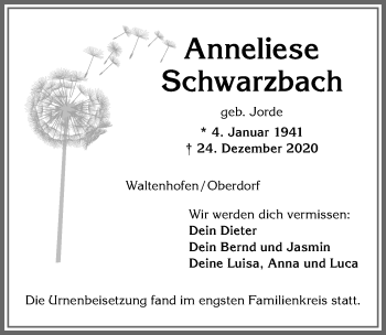 Traueranzeige von Anneliese Schwarzbach von Allgäuer Zeitung,Kempten