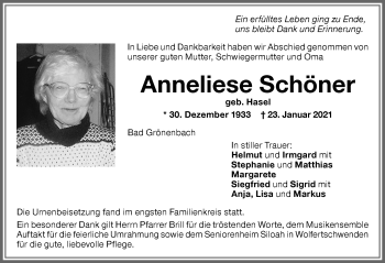 Traueranzeige von Anneliese Schöner von Memminger Zeitung