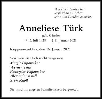 Traueranzeige von Anneliese Türk von Der Westallgäuer