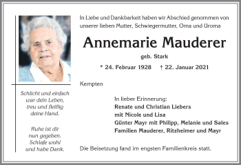 Traueranzeige von Annemarie Mauderer von Allgäuer Zeitung,Kempten