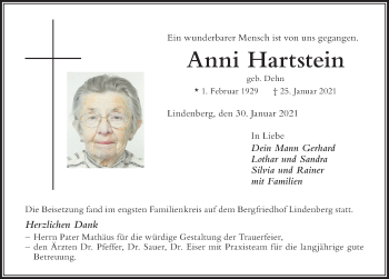 Traueranzeige von Anni Hartstein von Der Westallgäuer