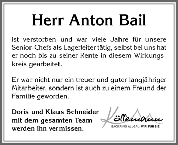 Traueranzeige von Anton Bail von Allgäuer Zeitung,Kempten