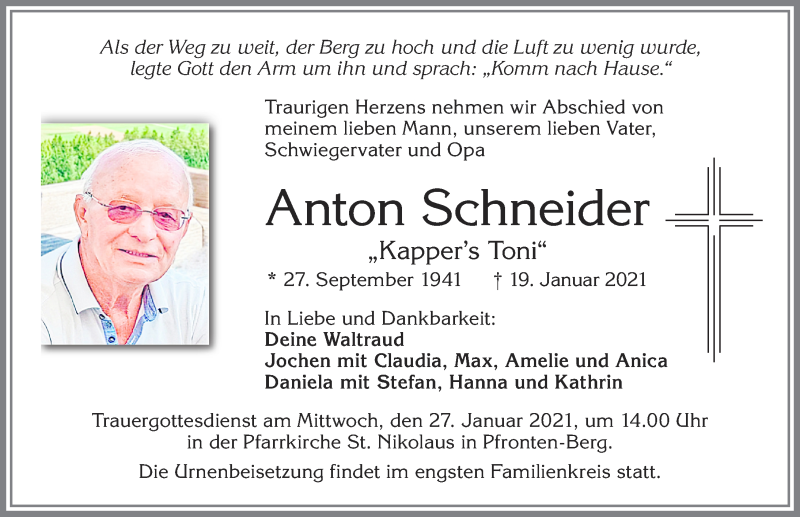  Traueranzeige für Anton Schneider vom 23.01.2021 aus Allgäuer Zeitung, Füssen