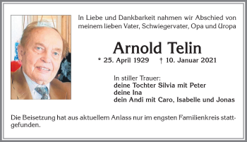 Traueranzeige von Arnold Telin von Allgäuer Zeitung, Kaufbeuren/Buchloe