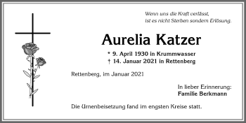 Traueranzeige von Aurelia Katzer von Allgäuer Anzeigeblatt