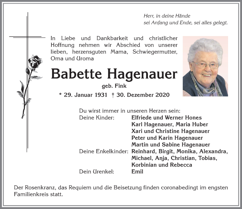  Traueranzeige für Babette Hagenauer vom 02.01.2021 aus Allgäuer Anzeigeblatt