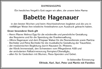 Traueranzeige von Babette Hagenauer von Allgäuer Anzeigeblatt